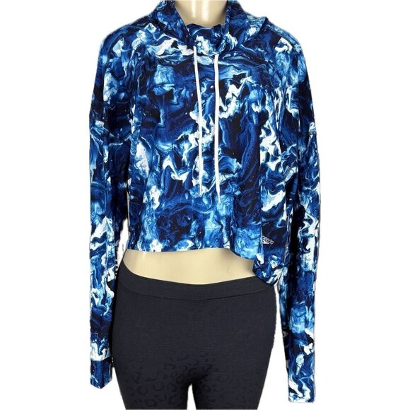 Speedo L Blue Print Drawstring Mock Neck Endurance Lte Long Sleeve Crop Swim Top - Picture 2 of 6